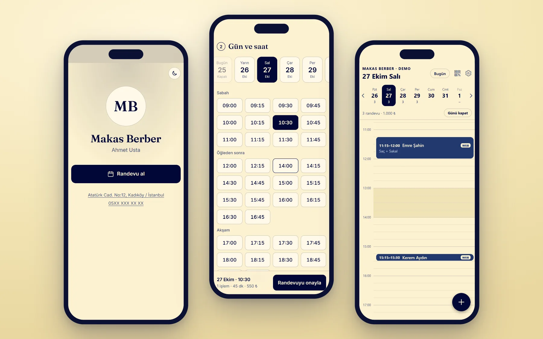 Three phone screens: the customer booking site's opening screen, day and time selection, and the daily calendar in the barber app