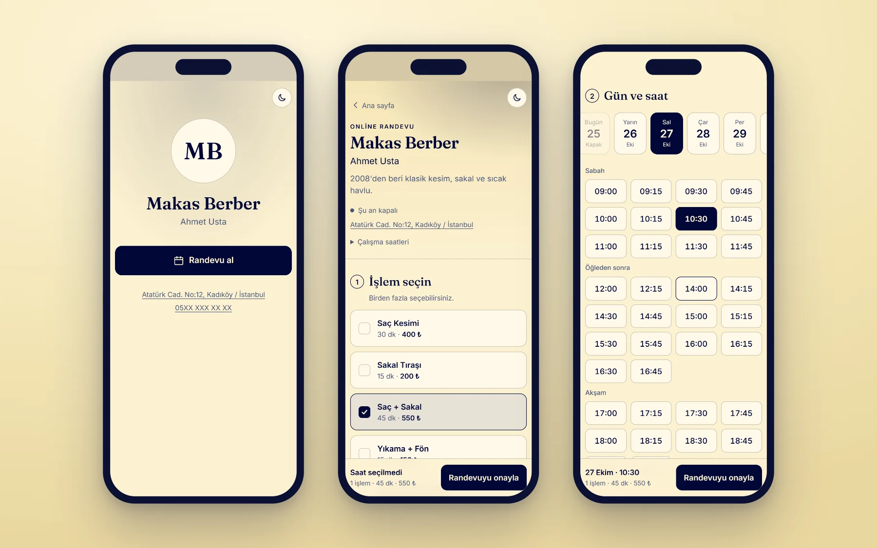 Customer site: shop page, service selection and free time slots