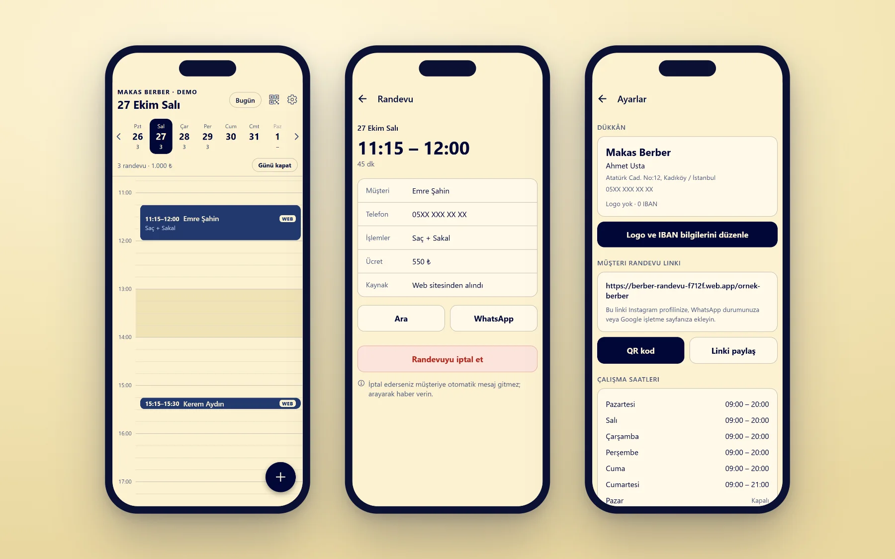 Barber app: daily calendar, booking details and settings (sample data, numbers hidden)